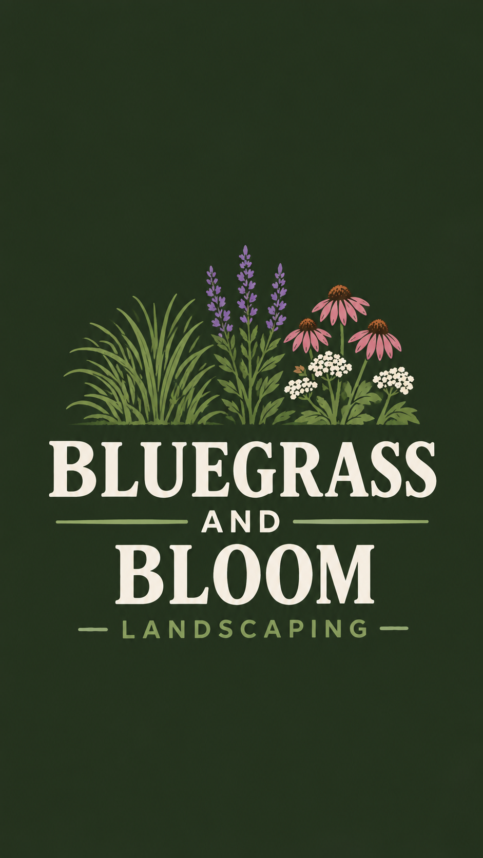 Bluegrass and Bloom Landscaping logo with native flowers on a deep green background