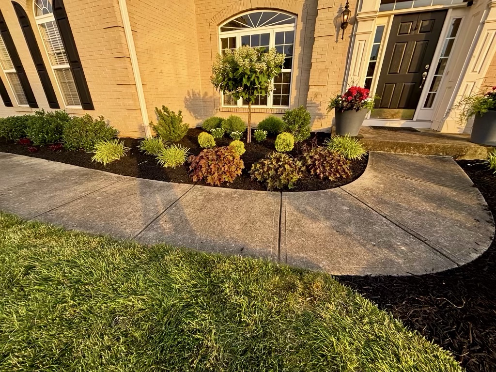Detailed front entry landscaping with fresh mulch