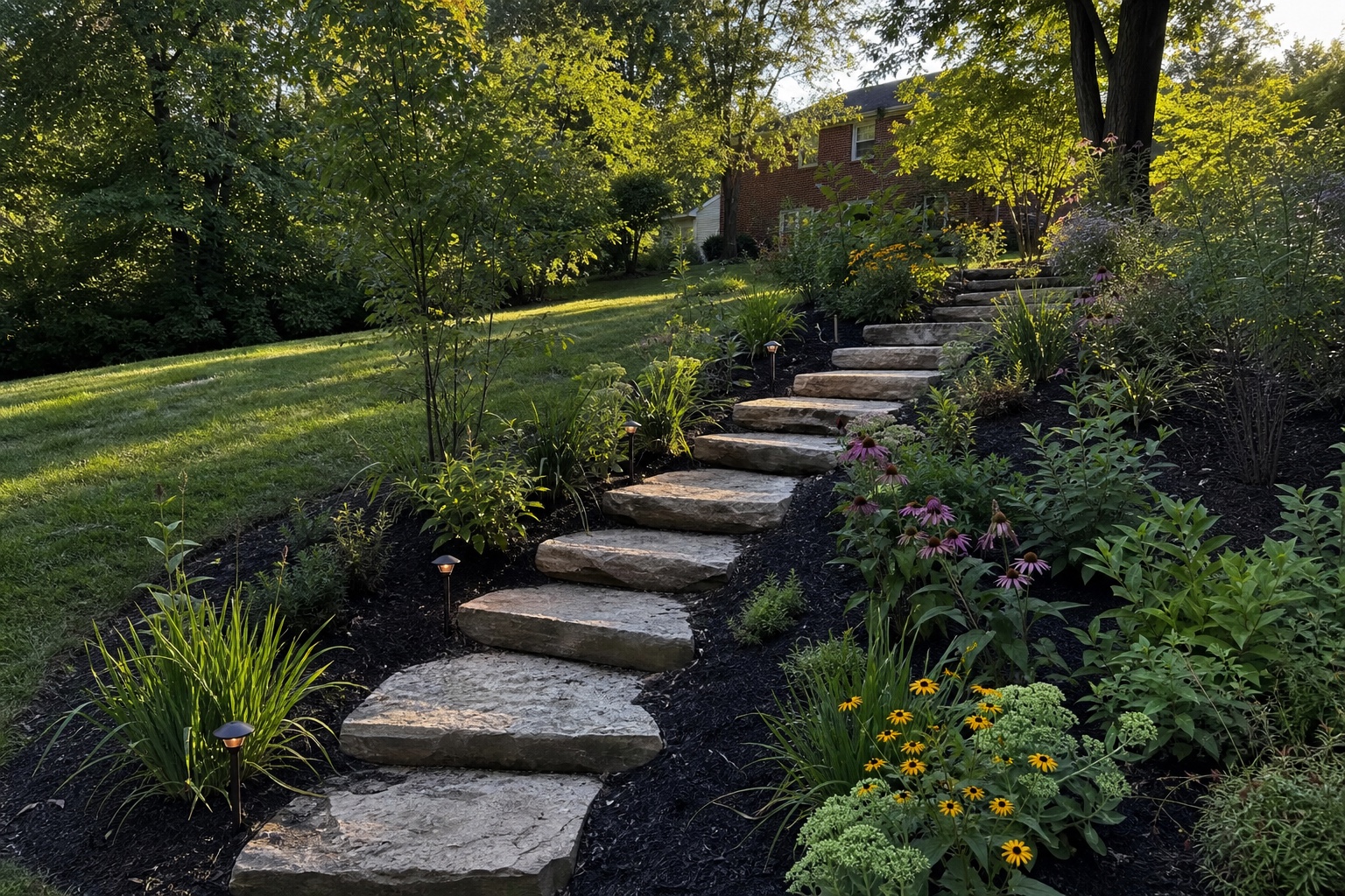 Generated design inspiration showing natural stone garden steps with native flowers and path lighting
